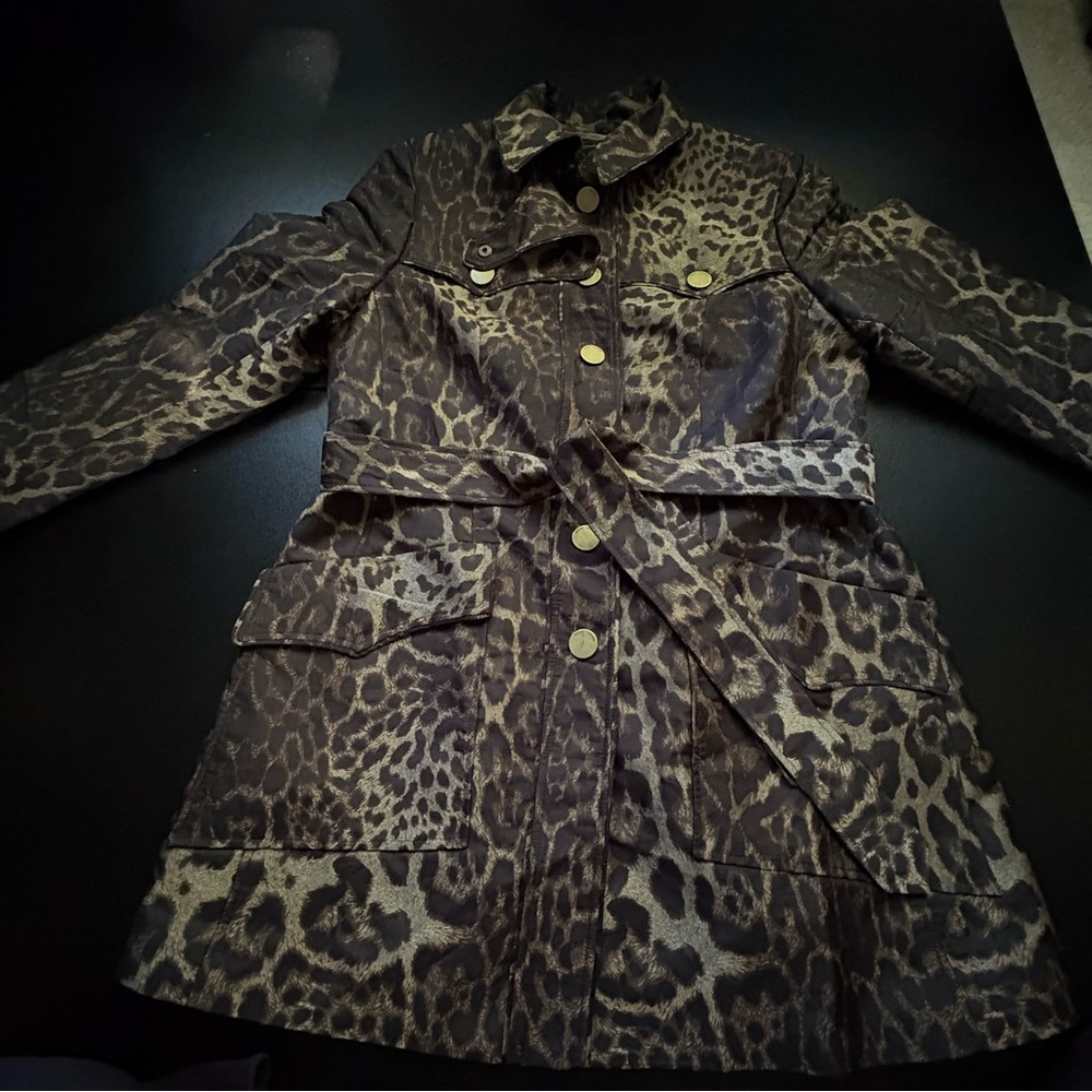 Rena‎ Lange Leopard Print Trench Coat Size 8 Silk/Poly Blend removable